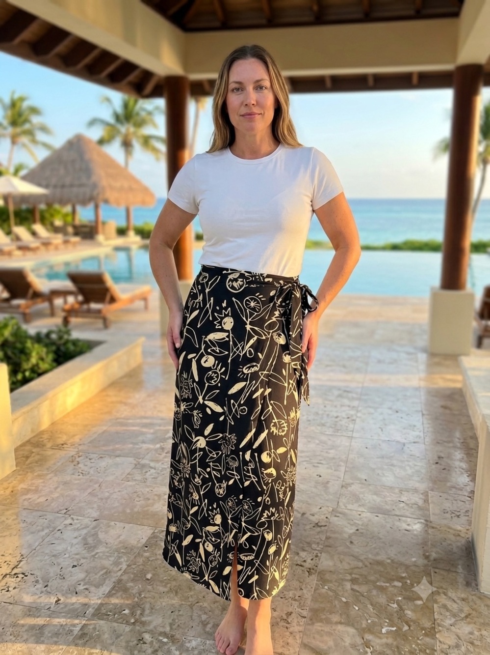 100% Silk Vtg L.A. Ellen Tracy Black Cream Floral Print Wrap Maxi Skirt Large 12